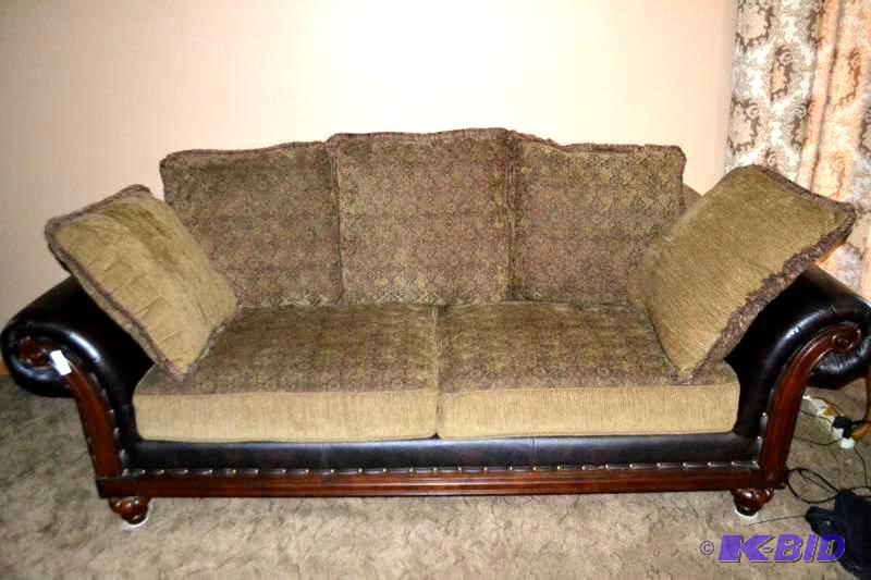 lot 27 image: Contemporary Fabric Couch Accented with Leather Finish