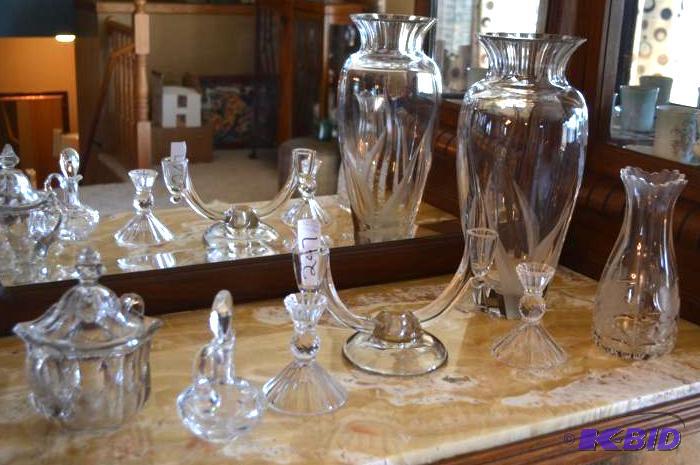 lot 285 image: Vintage Glassware Cruets with Stoppers, Vases, Candle Holders