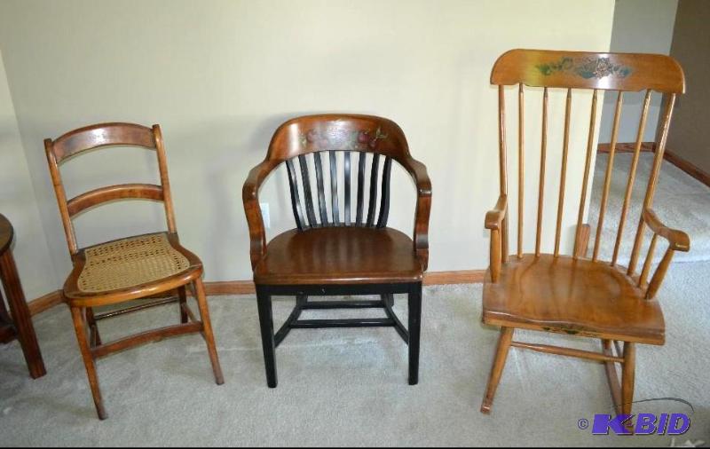 lot 312 image: 3 Chairs, Captains, Hand Woven Cane Seat and Windsor style back rocker