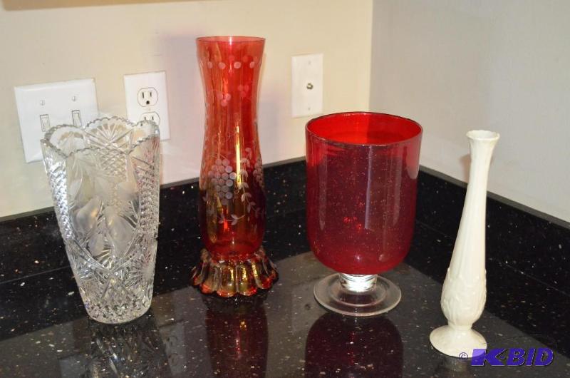 lot 314 image: Cranberry Glass Etched Vase, Hand Blown Red Art Vase, Crystal Cut Etched Vase and Lenox Bud Vase