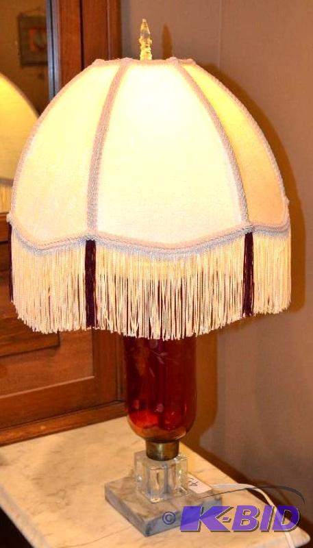 lot 45 image: Antique Cranberry-like Etched Glass Lamp