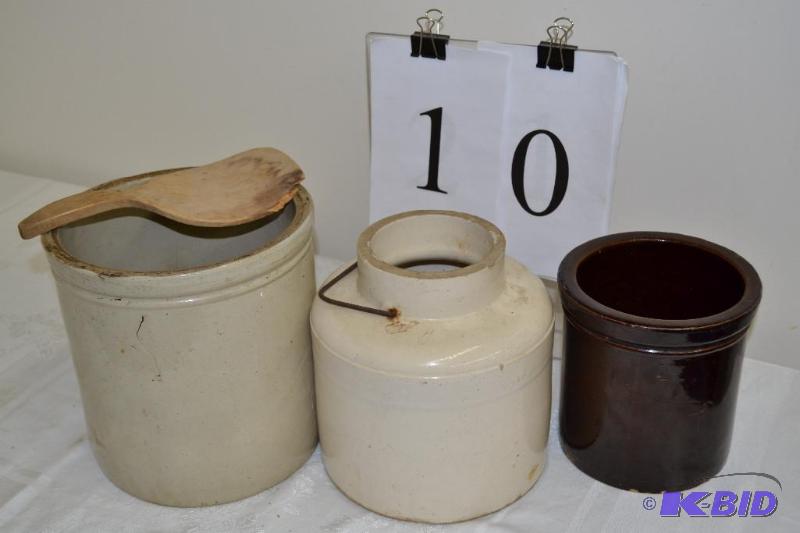 lot 10 image: 3 crocks & butter paddle