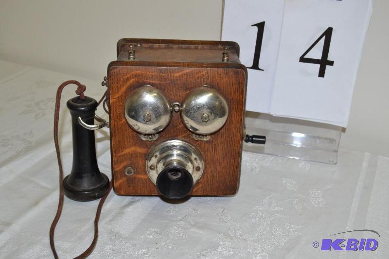 lot 14 image: Antique wall mounted telephone