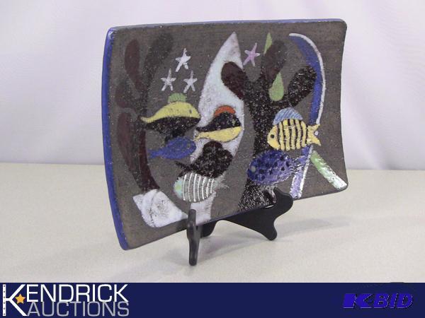 lot 21 image: Folk Art Pottery Enameled Sea Themed Serving Tray