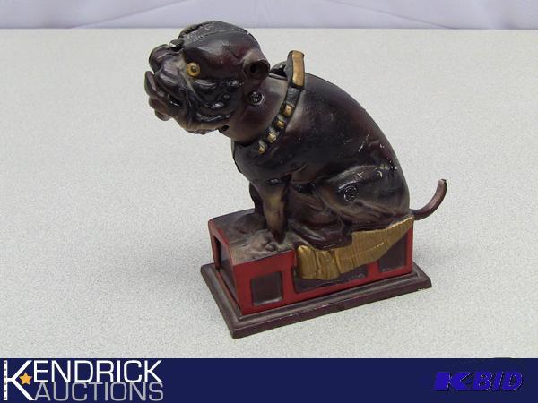 lot 28 image: Vintage Cast Iron Bull Dog Bank Replica