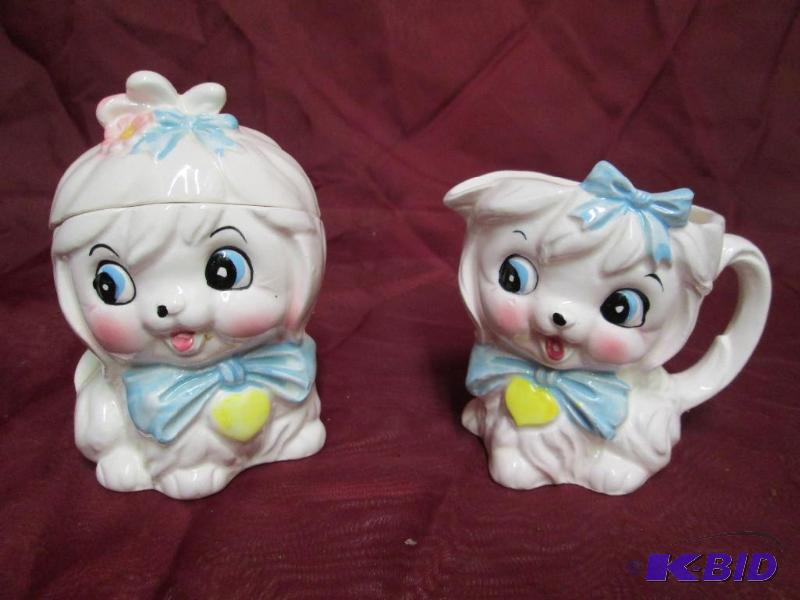 lot 112 image: Vintage puppies creamer and sugar b...