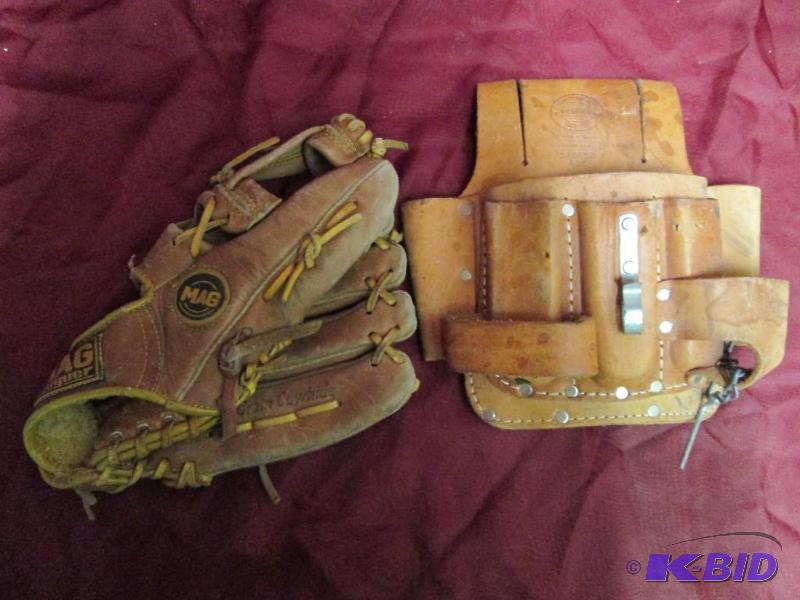 lot 133 image: Ball glove and Nicholas tool pocket...