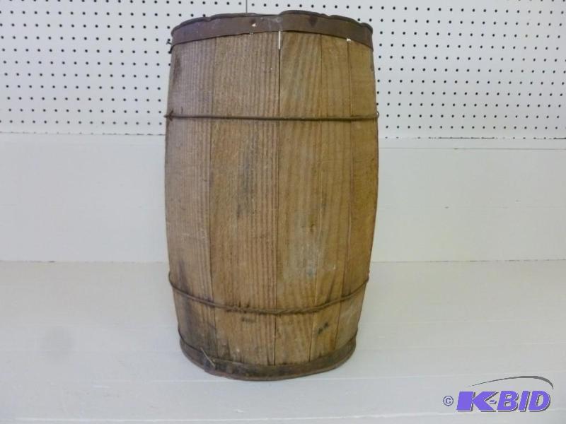 lot 16 image: Antique wooden slat board nail keg ...