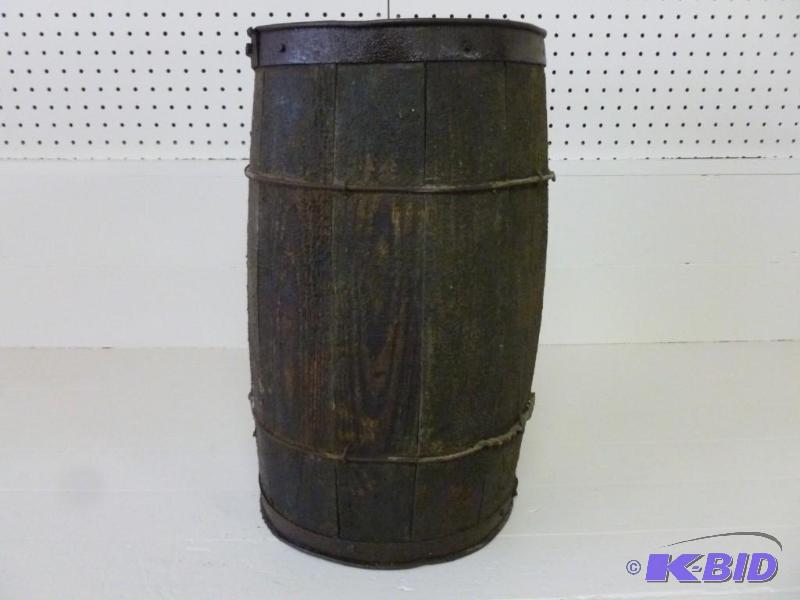 lot 19 image: Antique wooden slat board nail keg ...