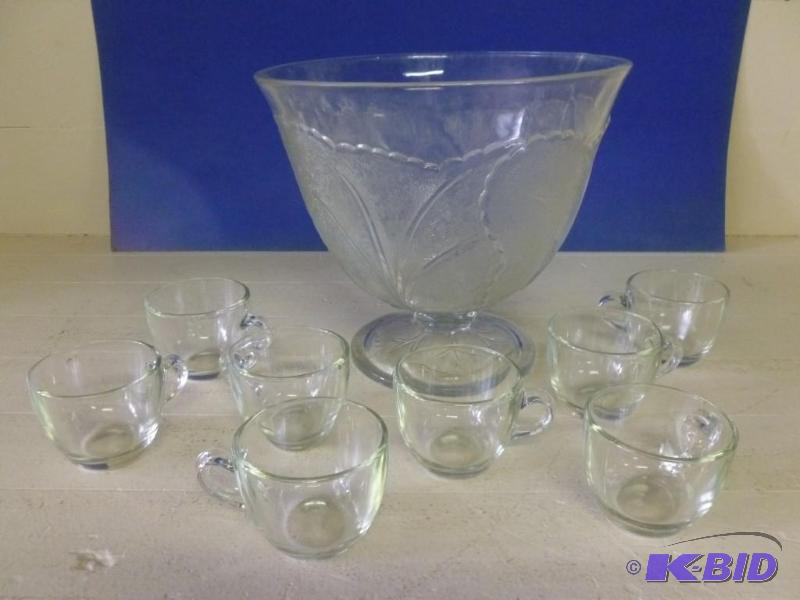 lot 265 image: Large embossed glass punch bowl and...