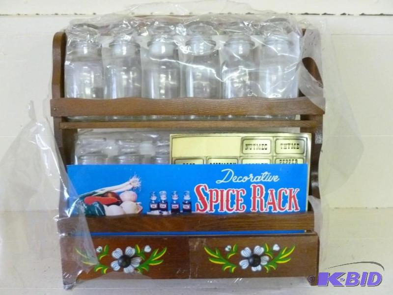lot 302 image: Wooden spice rack with glass contai...