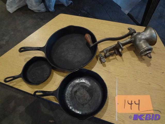 lot 144 image: Cast Pans, Grinder...