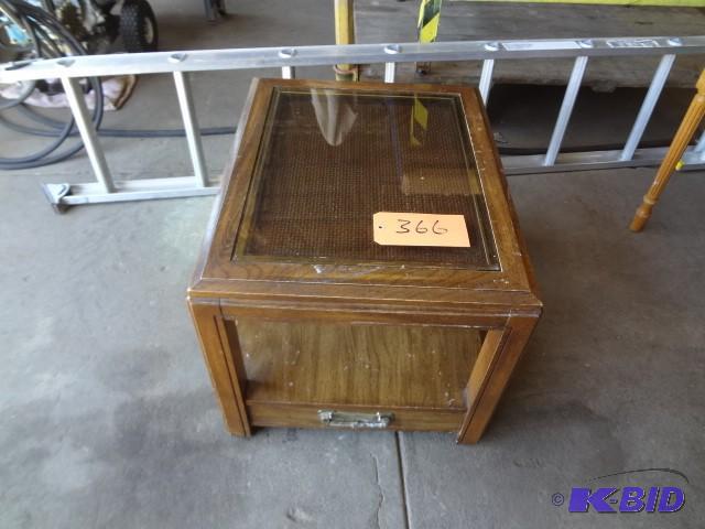 lot 366 image: Old glass top end table...