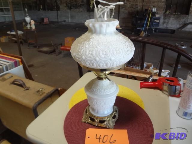 lot 406 image: Milk glass lamp, lit base...