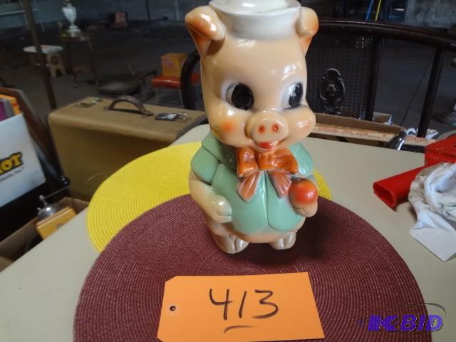 lot 413 image: Old piggy bank, some change in it, ...