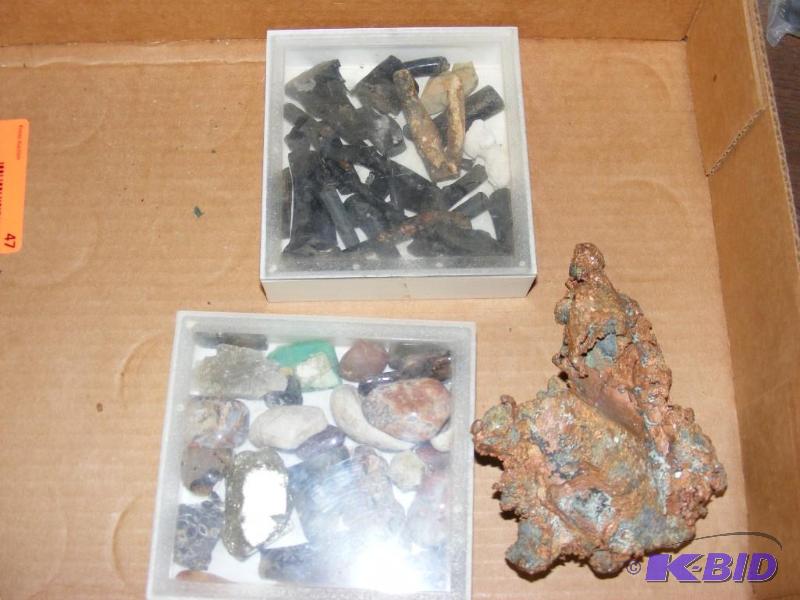 lot 47 image: Two small boxes with misc rocks, an...