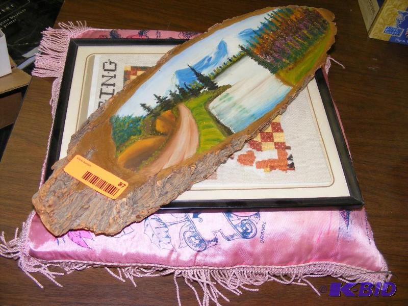 lot 87 image: Painted wood slab, Quilting picture...