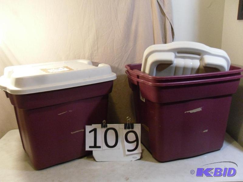 lot 109 image: 3 Rubbermaid 22 Gallon Totes with L...