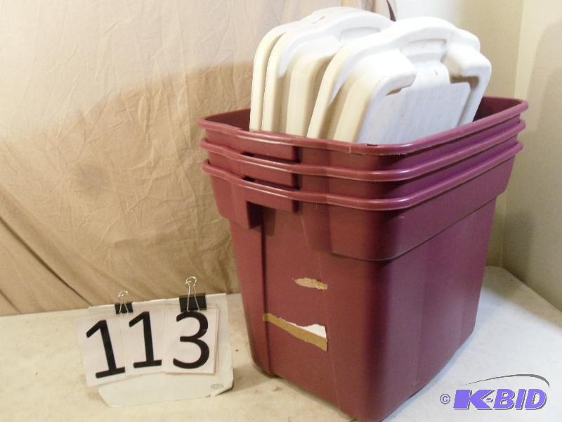 lot 113 image: 3 Rubbermaid 22 Gallon Totes with L...