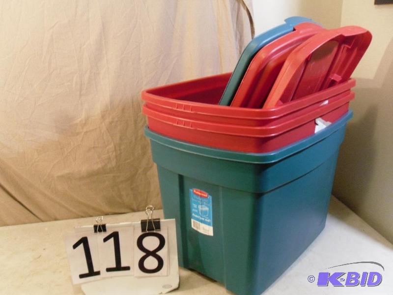 lot 118 image: Lot of 3 Rubbermaid 21 Gallon Totes...