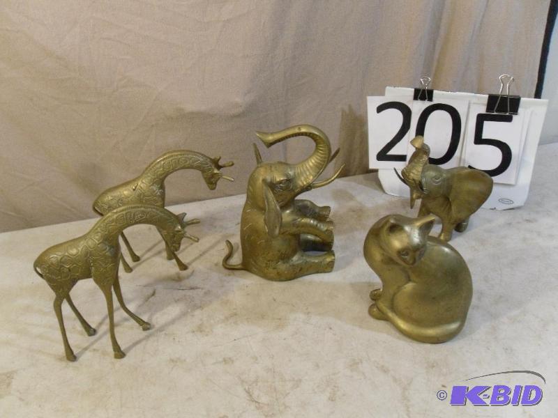 lot 205 image: Lot of 5 Brass Animals. Elephant ma...