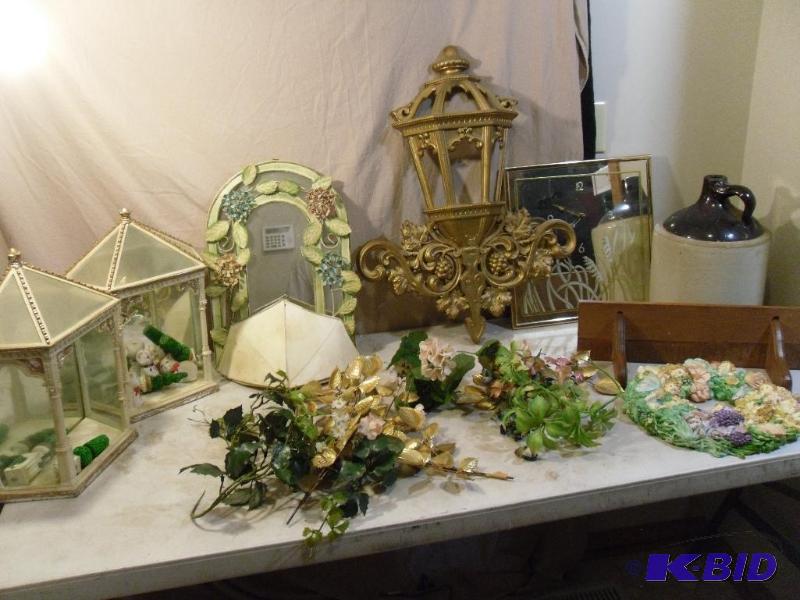 lot 213 image: Old Jug, Wood Shelf, Clock, Decor, ...