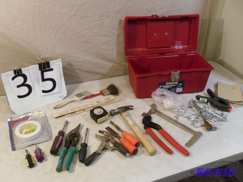 lot 35 image: Small Toolbox with Contents. Pliers...