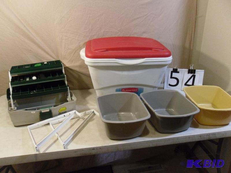 lot 54 image: 35 Qt Rubbermaid Cooler, Tackle Box...