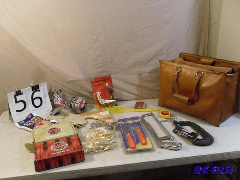 lot 56 image: Leather Bag, C Clamp, Hacksaw, Hand...