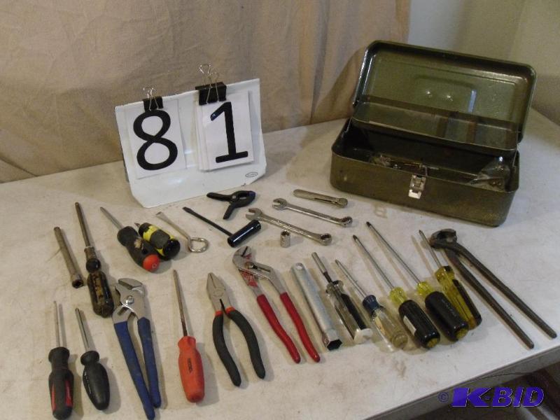 lot 81 image: Small Metal Box with Hand Tools, Wr...