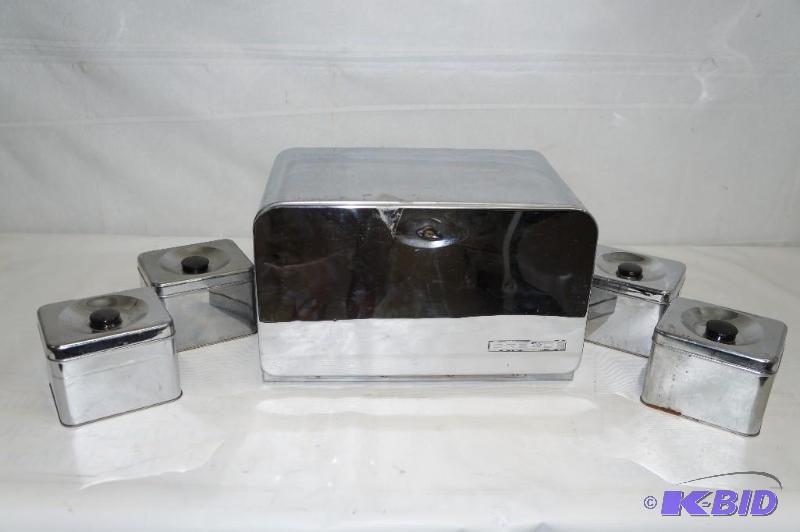 lot 57 image: Antique 5 Piece Lincoln Chrome Breadbox