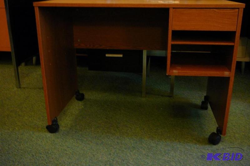 WOODEN DESK ON CASTERS WITH I DRAWE...