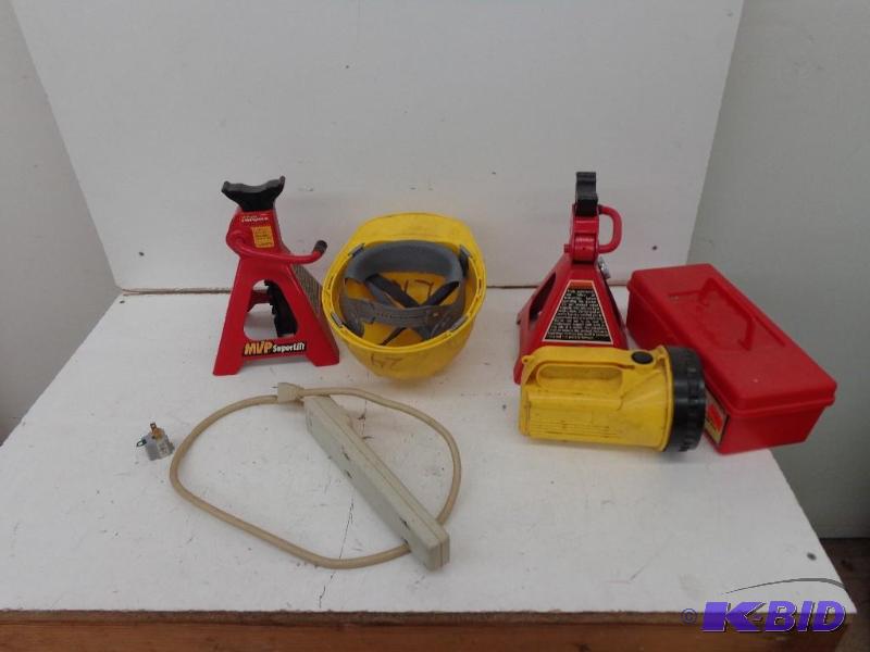 lot 15 image: Jack Stands, Hard Hat and More Flas...