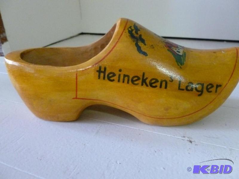 lot 128 image: Vintage Heineken Lager wooden shoe ...