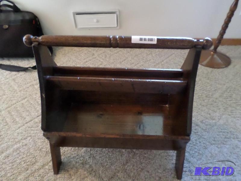lot 1 image: Tool box shaped wood magazine rack...
