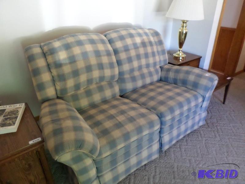 lot 10 image: Rocker Love Seat (blue plaid)...