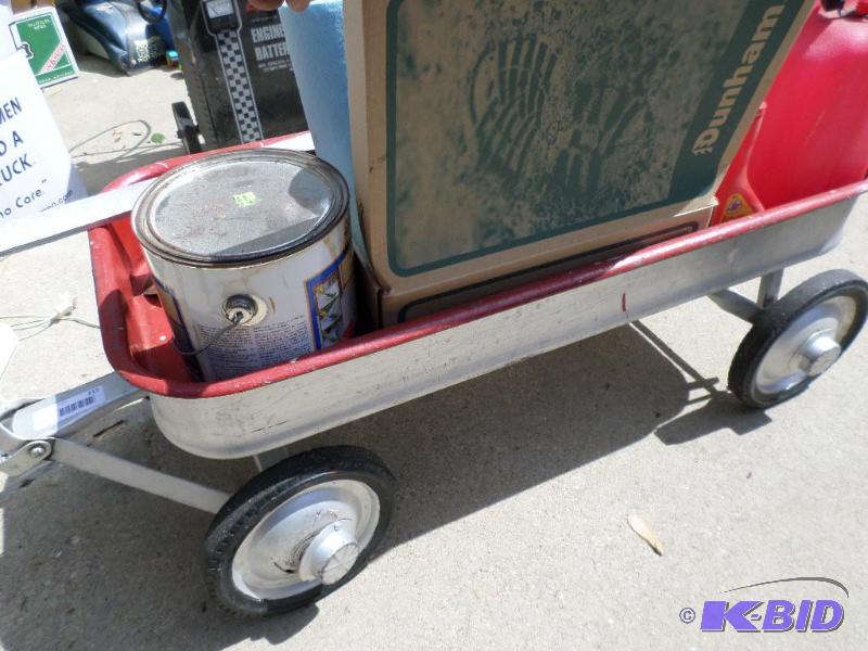 lot 115 image: little red wagon, gas can , rainx, ...