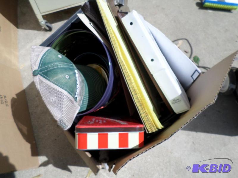 lot 116 image: fan, misc box of tins and folders...