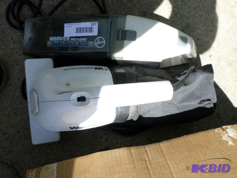 lot 127 image: two shop vaccums, mop, kitchen pans...