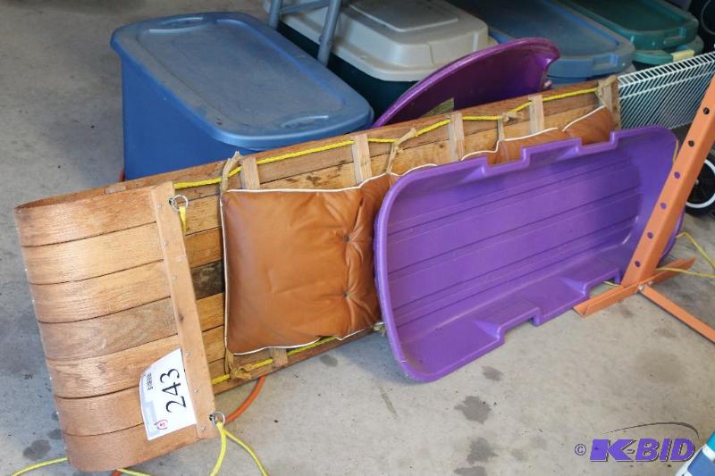 lot 243 image: Lot of (3) Sleds, (1) Toboggan, (1)...