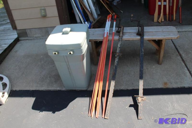 lot 27 image: Lot of (13) Metal Rods, (2) Vices, ...
