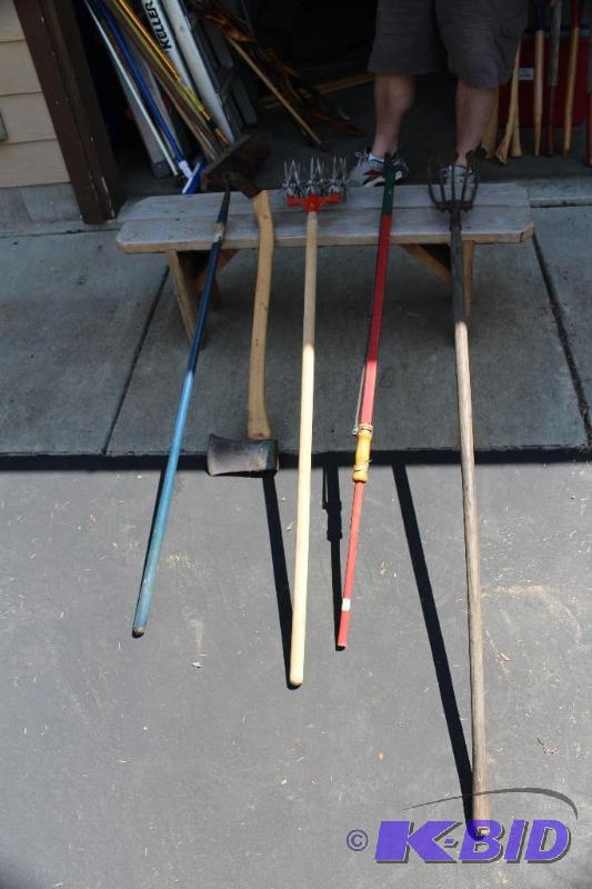 lot 28 image: Lot of (1) Hoe, (1) Axe, (1) Garden...