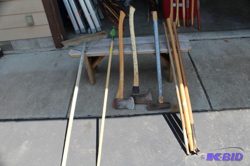 lot 29 image: Lot of (3) Axes, (1) Garden Spade, ...