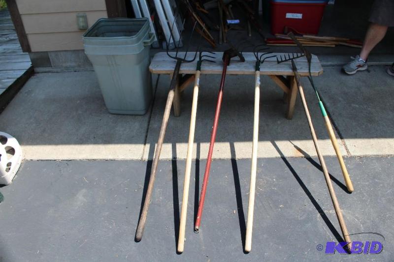 lot 34 image: Lot of (4) Garden Rakes, (1) Scythe...