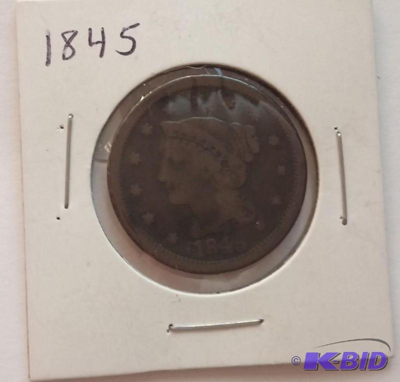 lot 141 image: 1845 One Cent Large Cent Coin...