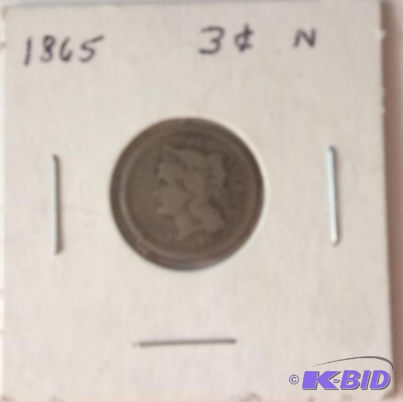 lot 142 image: 1865 three cent Nickel Broken D Typ...