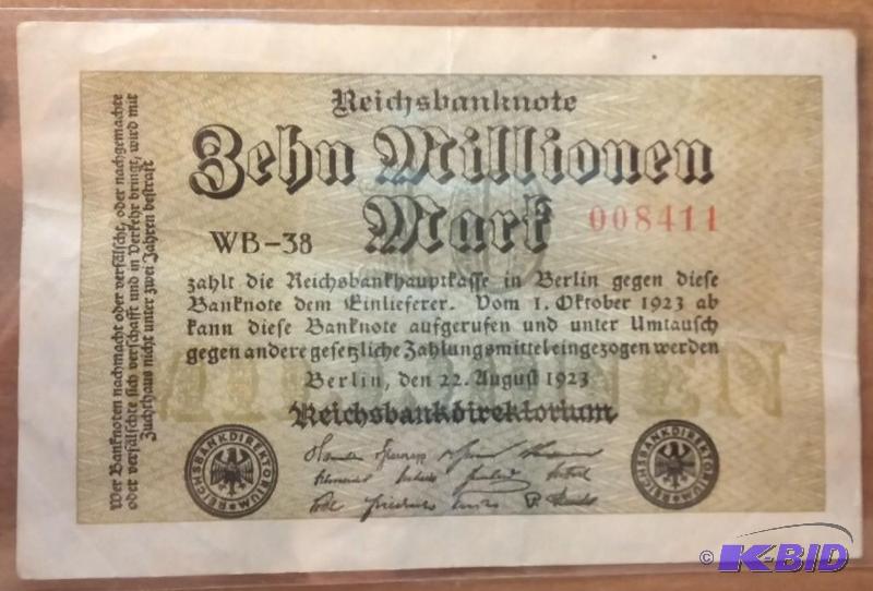 lot 8 image: 1923 German 10 Million Mark Note...