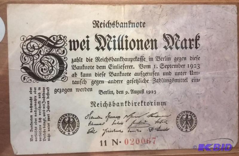 lot 9 image: 1923 German 2 million Mark Note...