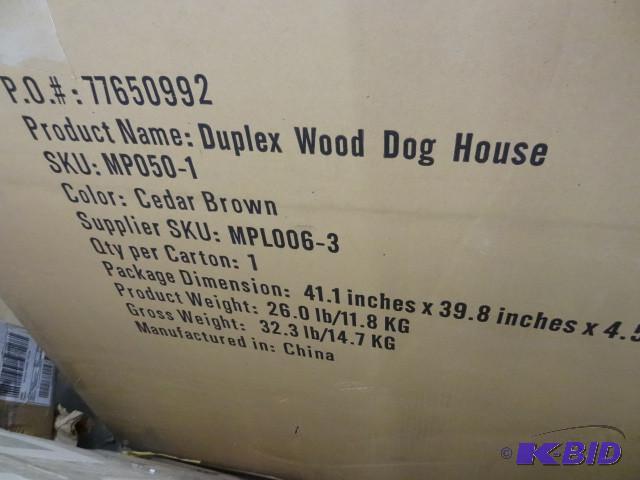 lot 126 image: Duplex wood dog house. Cedar brown....