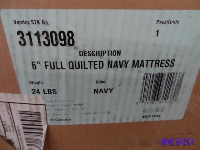 lot 190 image: 6" full quilted navy mattress...